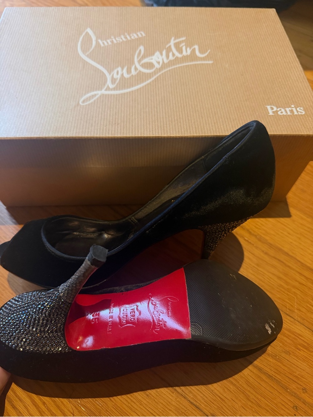Christian Louboutin Black Suede Peep-Toe Pumps with Crystal-Embellished Heel